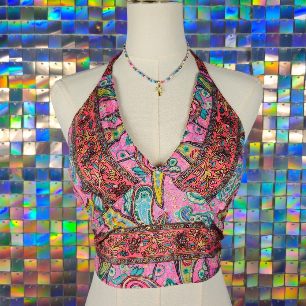 Halter Top Womens OS Pink Paisley 100% Silk NWT Metallic Gold Boho Festival Rave